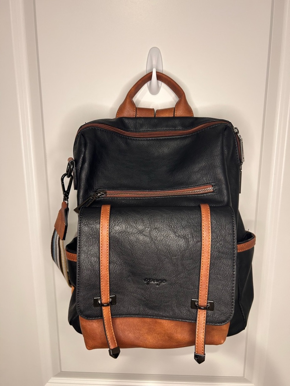Leather backpack purse, Opage brand, black with brown trim